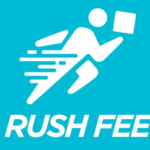RUSH FEE logo: white running figure with a small square on a blue background, the words 'RUSH FEE' beneath.