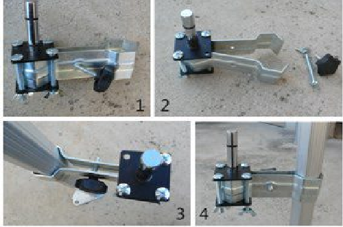 Panel 1 shows a metal post clamp with a vertical threaded rod and a black adjustment knob mounted on a rectangular base on a concrete surface.