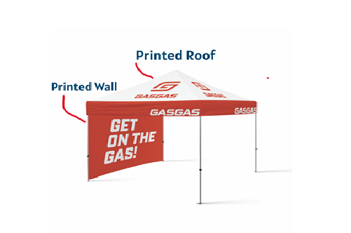 Red promotional canopy tent with printed walls and roof, featuring the 'GET ON THE GAS!' slogan and GasGas branding.