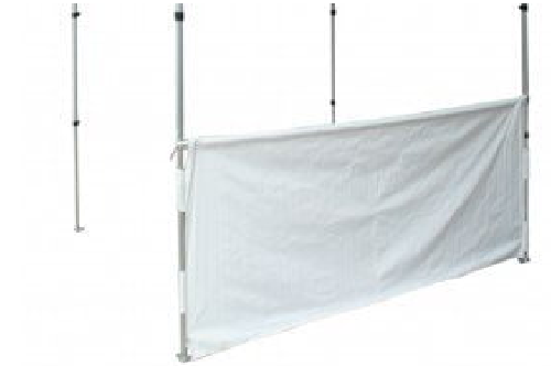 Portable white fabric backdrop/privacy screen attached to a metal frame on stands