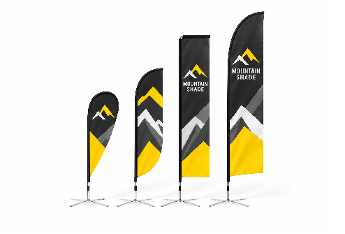 Set of four vertical banners/flags with Mountain Shade logo in black, gray, and yellow mountains on white background, arranged in a display.