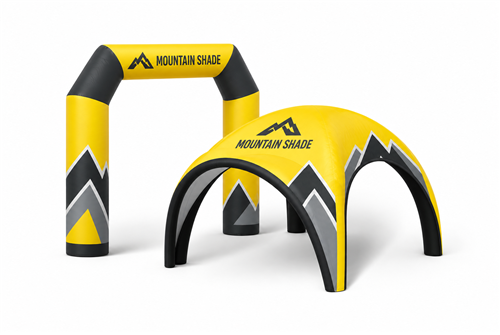 Yellow and black inflatable obstacle course with an arched entry and tunnel segments, branded Mountain Shade, shown on a white background.