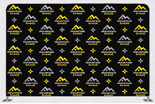 Repeating Mountain Shade logo pattern on a black backdrop, with yellow mountains and stars, like a branded banner.