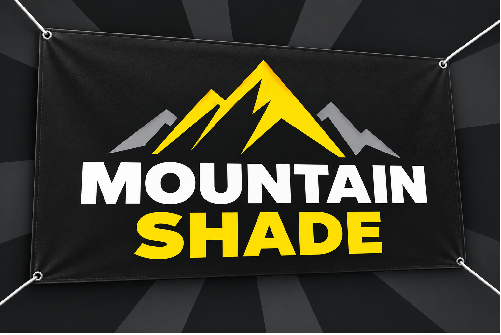 Banner with a mountain logo and the text MOUNTAIN SHADE in white and yellow on a black background.