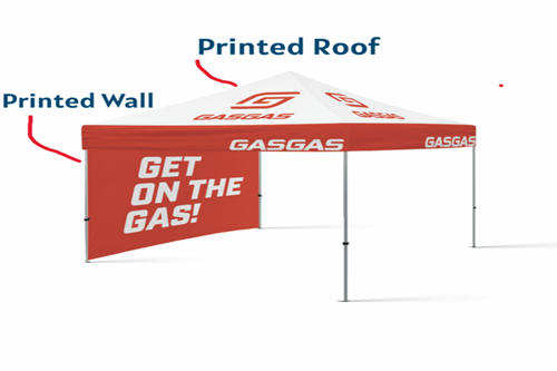 Promotional red-and-white canopy tent with 'GET ON THE GAS!' on the side wall and GASGAS logos on the roof.