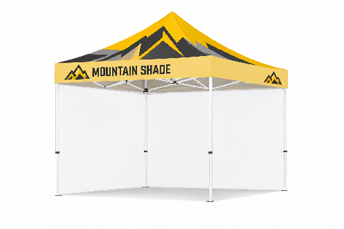 Yellow Mountain Shade canopy tent with mountain logo and branding, open-sided.